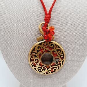 Vintage Chico's Boho Red Brass Pendant Necklace Red Cord 22"